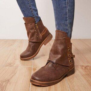 Retro Women's Slip-On Ankle Boots SZ:9 Low Heel Combat Motorcycle Booties, Brown